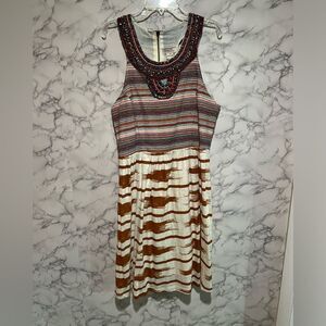 LUCKY BRAND DRESS GRECIAN BEADED COLLAR IKAT KNIT SKIRT STRIPED BODICE T BACK M